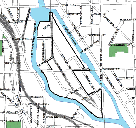 Goose Island TIF district, roughly bounded on the north by North Avenue, Chestnut Street on the south, Halsted Street on the east, and the North Branch of the Chicago River on the west.